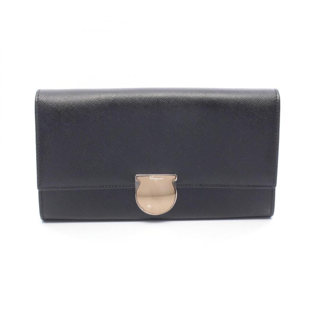 Salvatore Ferragamo Gancini Bi-fold Long Wallet, Leather, Women's, Black